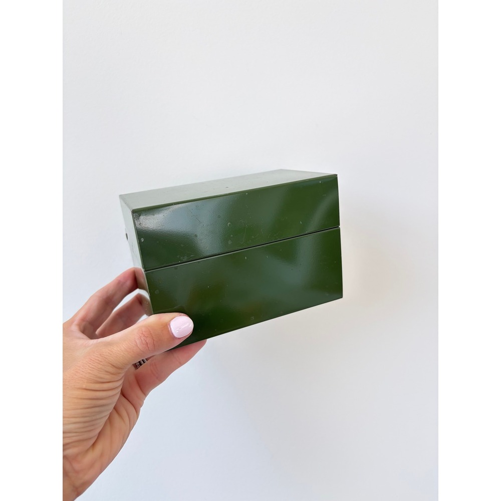 Vintage Forest Green Metal Storage‎ Box Hinged Lid - Recipe Box
